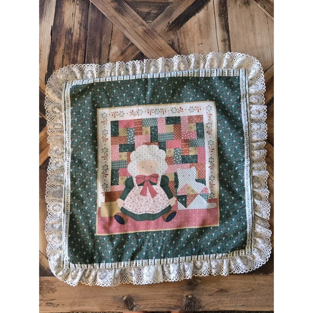 Vintage Handmade Bonnet Girl Pillow Cover Lace Ruffle Cottagecore Folk Art